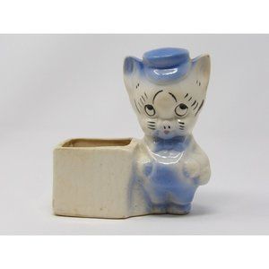 Vintage Planter Anthropomorphic Pig Blue Hat, Bow Tie Overalls 5 1/2" H x 5 1/2"